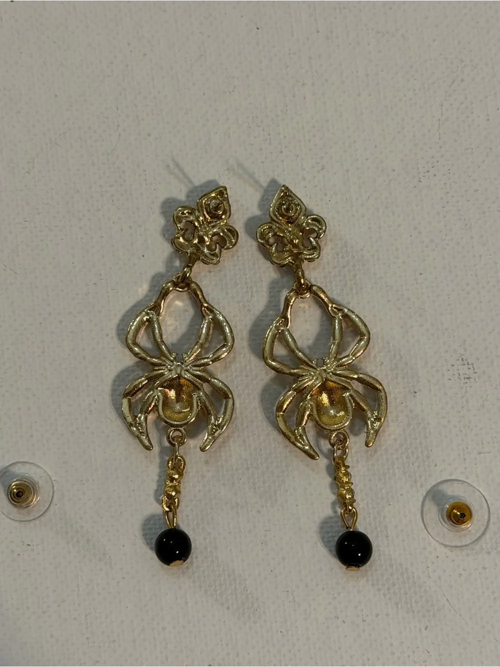 Vtg Y2K Deadstock Rhinestone Spider Drop Earrings Gold Tone Gothic Halloween 2.5